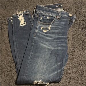 American Eagle Outfitters Women's Ripped Dark Blue High Rise crop jeggings